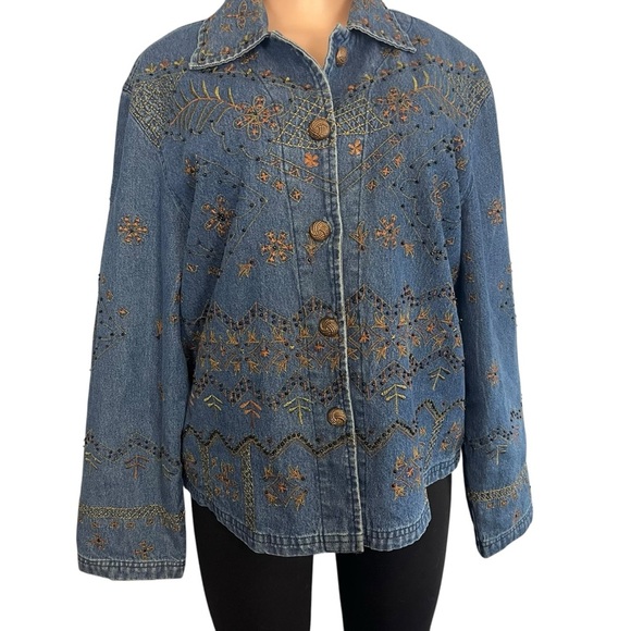 New Direction Vintage Denim Jacket Blue Embroidered Flowers Button Up - Picture 3 of 10